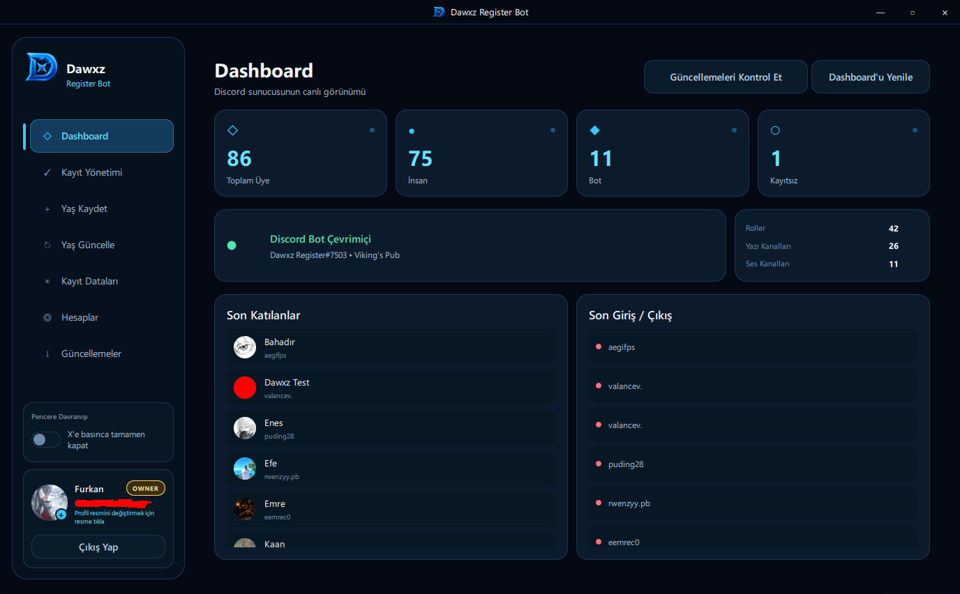Dawxz Register Bot dashboard ekranı